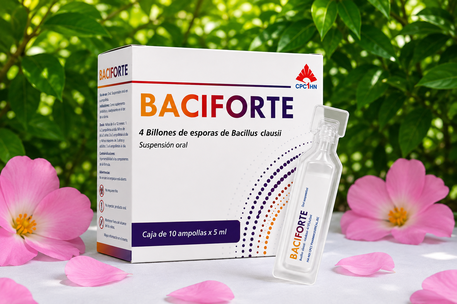 Caja de BACIFORTE de 10 ampollas de 5 ml junto a una ampolleta de suspensión oral