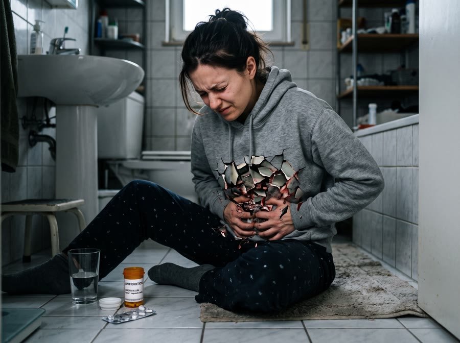 Mujer con dolor fuerte de estómago junto a su frasco de antibióticos