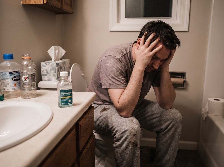 Hombre agotado en el baño, con suero y pastillas al lado