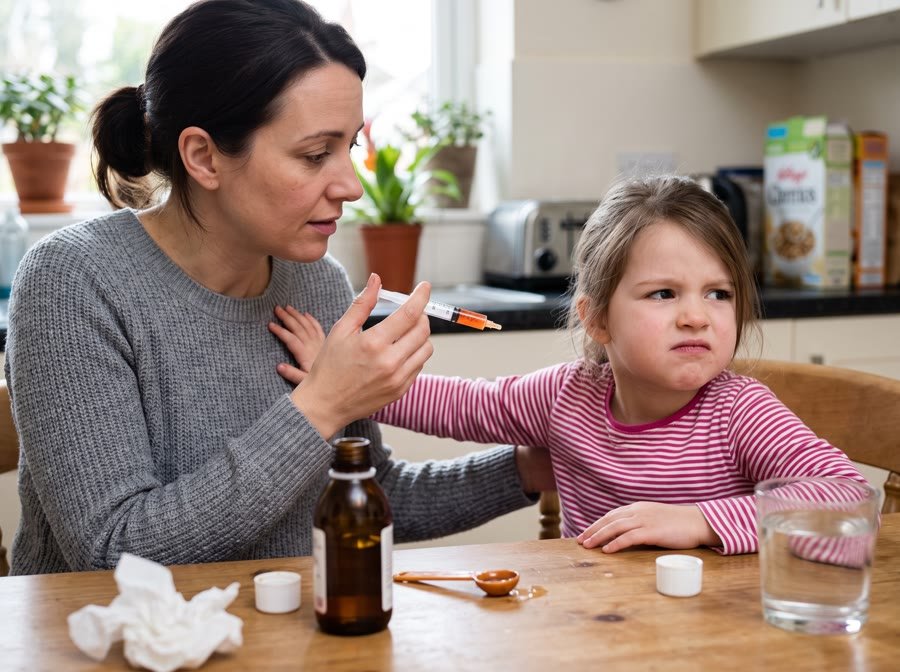 Niña rechazando una jeringa de medicina que le ofrece su mamá