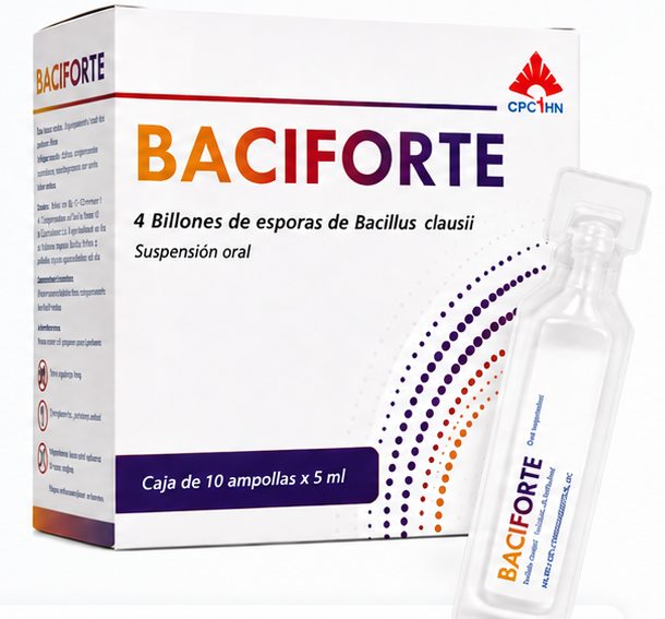 Caja de BACIFORTE de 10 ampollas de 5 ml junto a una ampolleta
